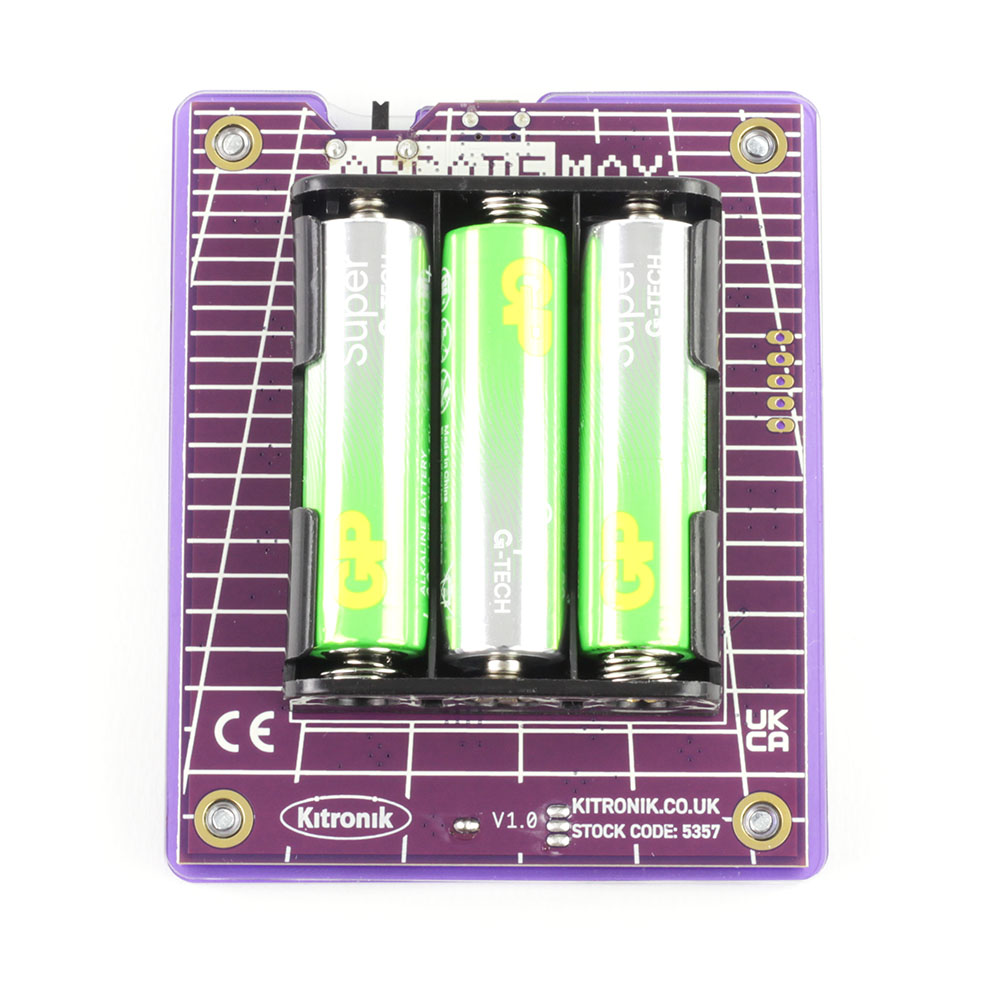 Kitronik Arcade Max rear view with 3 x AA batteries
