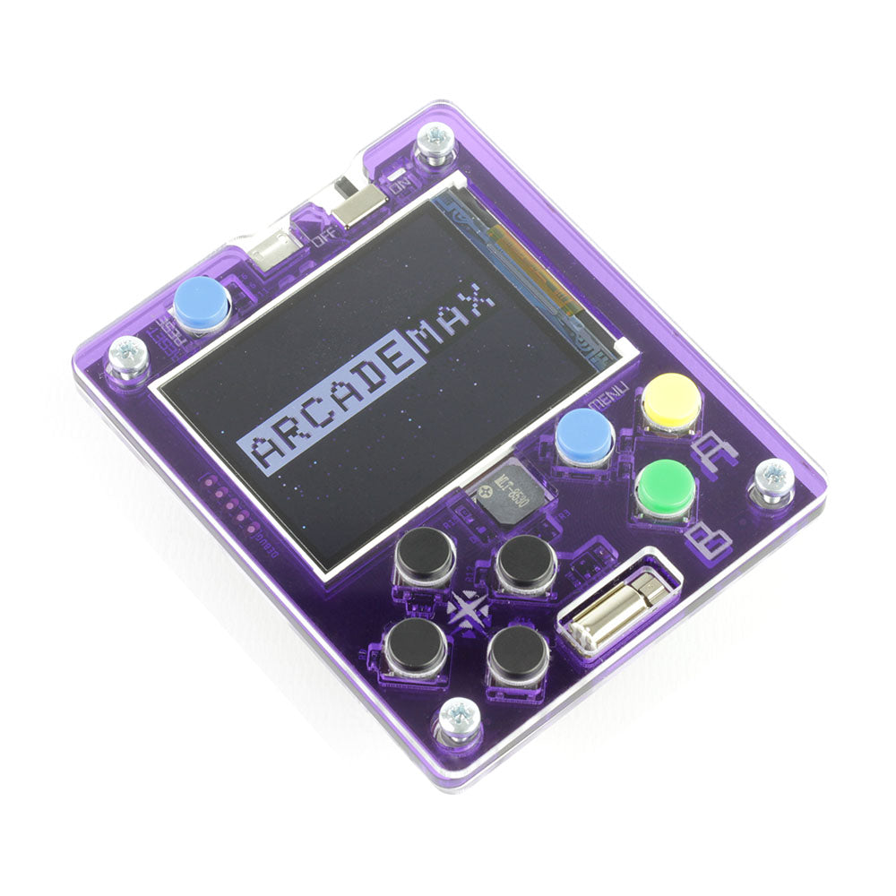 A purple Kitronik ARCADE Max for Makecode Arcade with a 2.4 inch screen, buttons, and a micro USB connector, housed in a clear protective case.