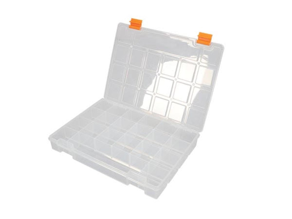 Organizer case, 21 fixed compartments, stackable, 276 x 203 x 42 mm, transparent/yellow